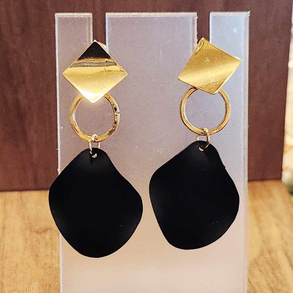 Gold Tone Stud Matte Black Petal Drop Earrings Geometric Dangle Modern